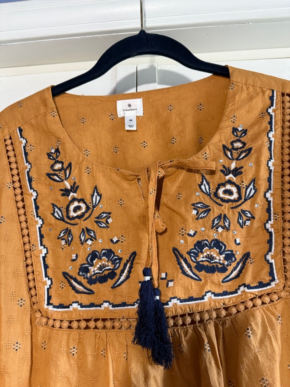 Dress Barn - Embroidered Mustard Peasant Top with Tassel Tie - Picture 2 of 5